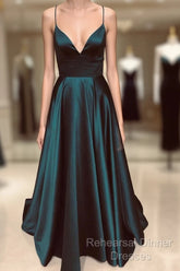 A Line V Neck Green/Blue Backless Long Semi Formal Prom Dresses, V Neck Backless Green/Blue Formal Graduation Evening Dresses